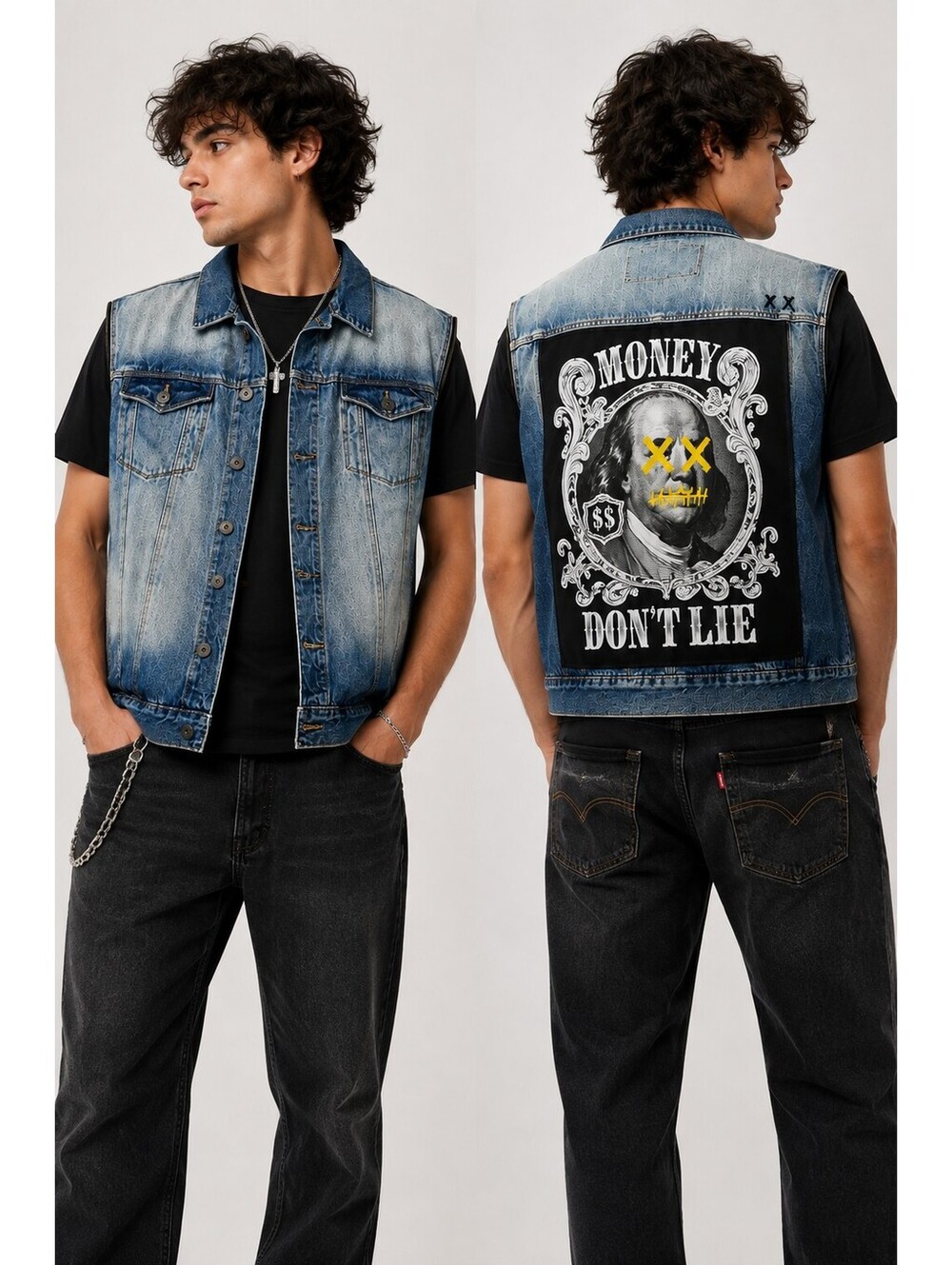 Cult of Individuality Men's Denim Vest Money Don't Lie Graphic Rocker Y2K